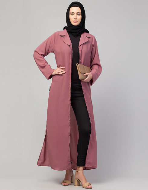 Muslim Abaya with coat collar and self-fabric buttons In the Shade of Mauve Pink